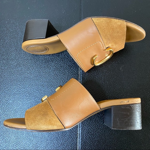 CHLOÉ camel tan C logo embellished leather heeled mules 39 - Picture 8 of 15